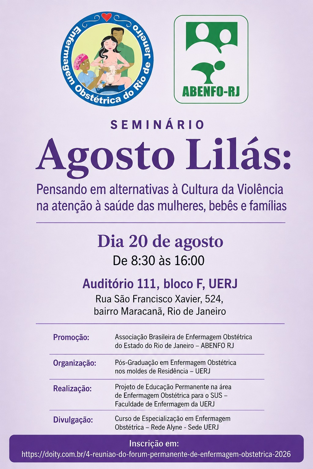 Cartão do Seminário Agosto Lilás — 20 de agosto de 2026, Auditório 111 do bloco F, UERJ Maracanã, das 8h30 às 16h